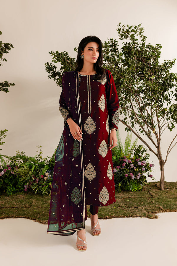 MEHROON IMPERIAL EMBROIDERED 3PC FLAT 50%OFF