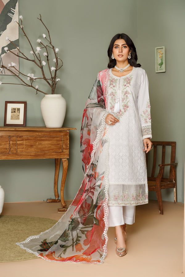 WHITE CHICKEN KARI 3PC EMBROIDERED WINTER DRESS 50% OFF